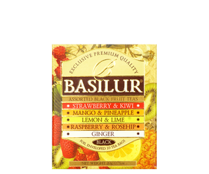 Basilur Magic Fruits Assorted Black - zestaw 5 smaków herbat cejlońskich z owocowymi dodatkami. 10 torebek w kopertach w ozdobnym pudełku z logo Basilur.