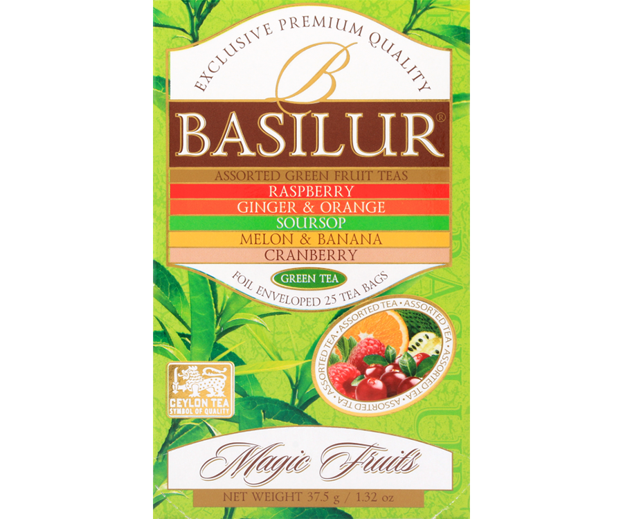 Basilur Magic Fruits Assorted Green - zestaw 5 smaków herbat cejlońskich w ozdobnym, zielonym pudełku z logo Basilur. 25 torebek w opakowaniu.
