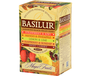 Basilur Magic Fruits Assorted Black - zestaw 5 smaków czarnej herbaty cejlońskiej z owocowymi dodatkami. 25 torebek w kopertach w ozdobnym pudełku z logo Basilur.