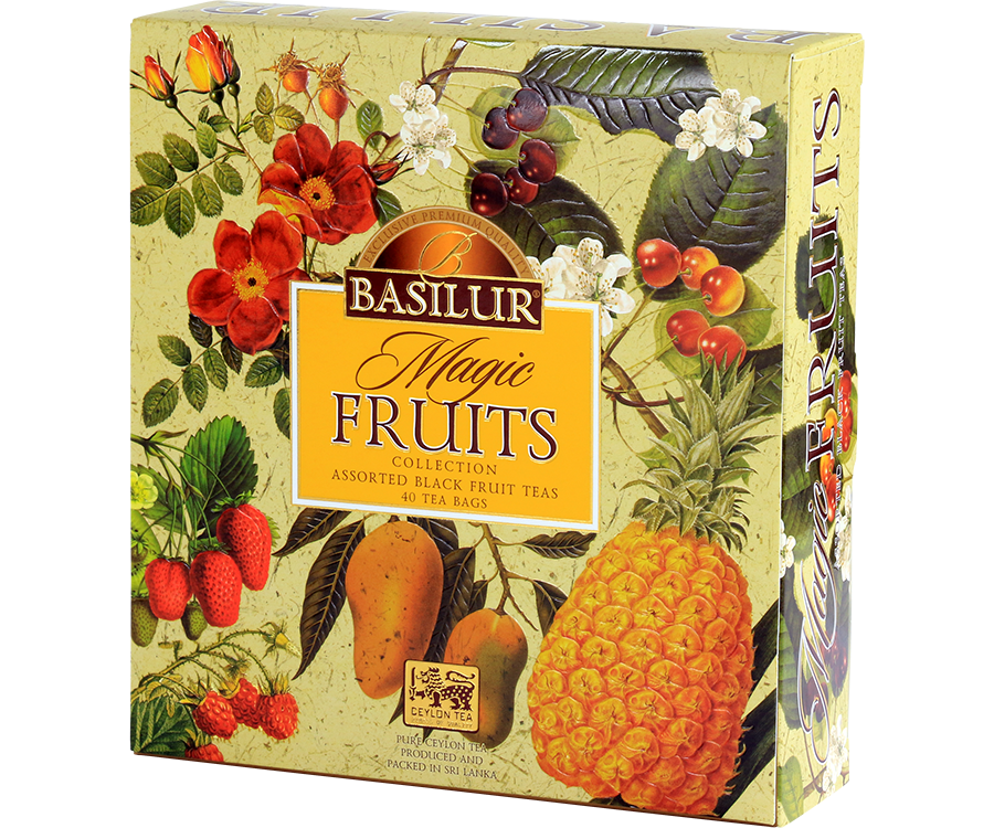 Basilur Magic Fruits Assorted Black - zestaw 4 smaków czarnej herbaty cejlońskiej z owocowymi dodatkami. 40 torebek herbaty w kopertach w ozdobnym pudełku na prezent.