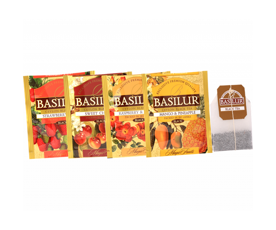 Basilur Magic Fruits Assorted Black - 4 smaki czarnej herbaty z owocowymi dodatkami w ozdobnych kopertach z logo Basilur.