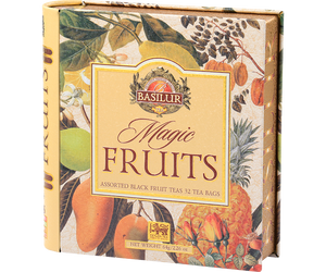 Basilur Magic Fruits Assorted  - zestaw 4 smaków herbat z kolekcji Magic Fruits. Zdobiona puszka w kształcie książki. 