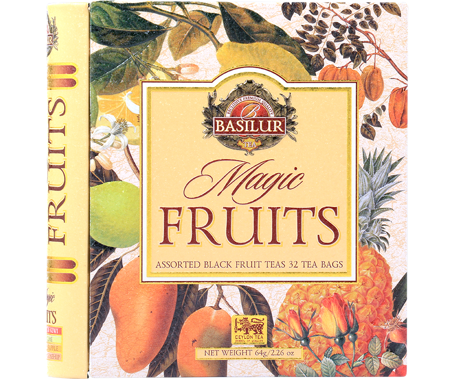 Basilur Magic Fruits Assorted  - zestaw 4 smaków herbat z kolekcji Magic Fruits. Zdobiona puszka w kształcie książki. 