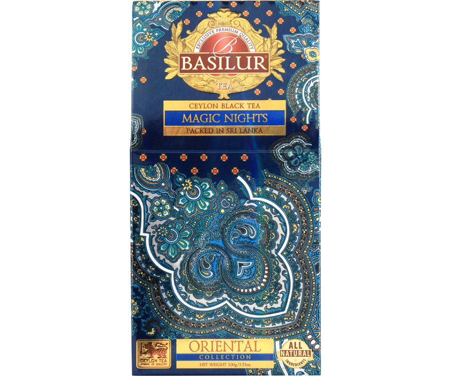 Basilur Magic Nights - listki czarnej herbaty cejlońskiej z dodatkiem żurawiny, chabru, niebieskiej malwy oraz aromatu truskawki, moreli, ananasa i papai.