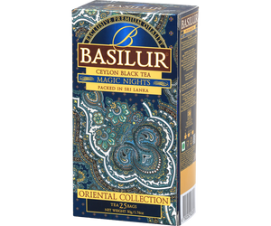 Basilur Magic Nights - herbata czarna ekspresowa z dodatkiem naturalnego aromatu truskawki, moreli, ananasa i papai. Niebieskie, ozdobne pudełko z orientalnym motywem.