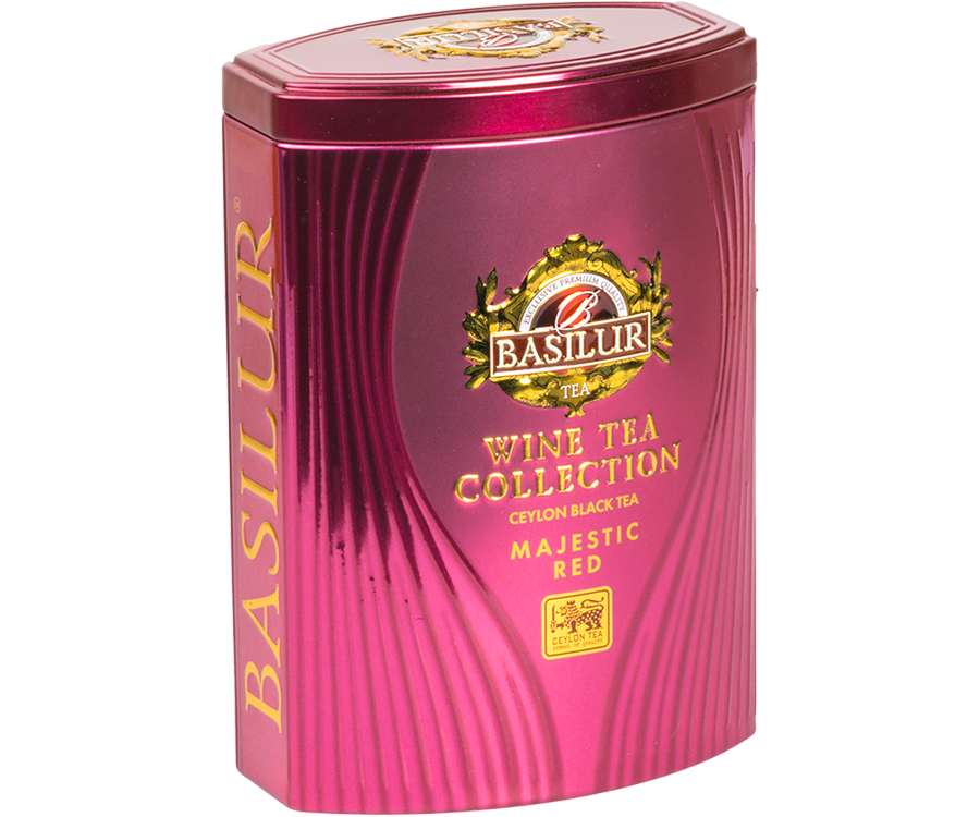 Basilur Majestic Red - czarna herbata cejlońska z dodatkiem hibiskusa, rodzynek oraz aromatu czerwonego wina. Ozdobne opakowanie w formie metalowej puszki w kolorze różowym.