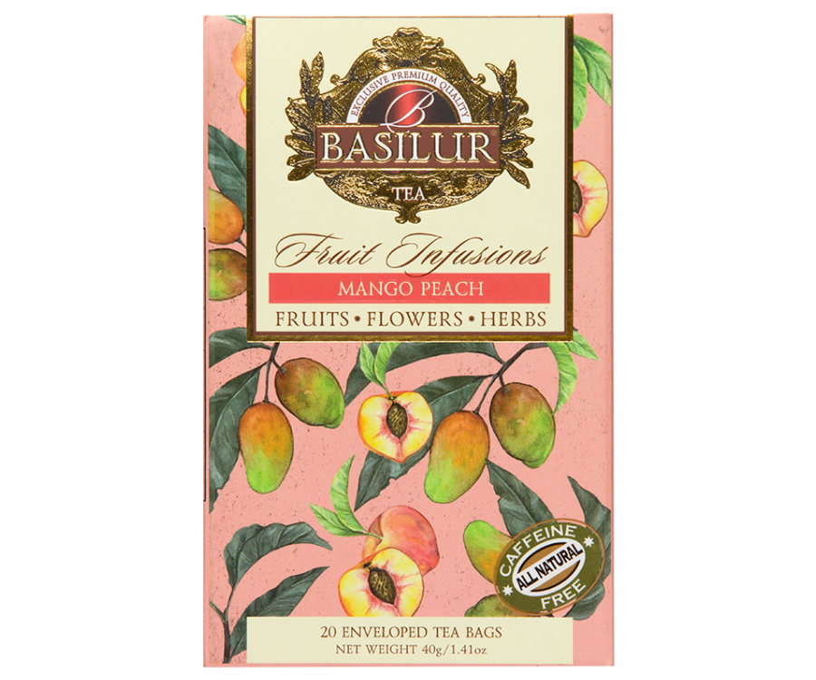 Basilur Mango Peach - herbata bezkofeinowa z brzoskwinią, mango i cytrusami zapakowana pojedynczo w ozdobne koperty. Ozdobne pudełko z owocowym motywem.