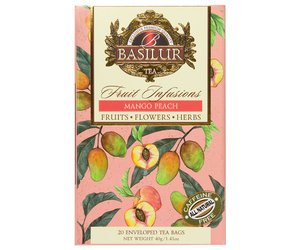 Basilur Mango Peach - herbata bezkofeinowa z brzoskwinią, mango i cytrusami zapakowana pojedynczo w ozdobne koperty. Ozdobne pudełko z owocowym motywem.