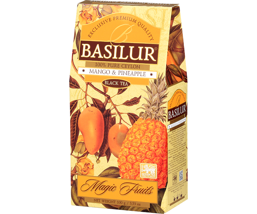 Basilur Mango & Pineapple - czarna herbata cejlońska z dodatkiem ananasa, mango, skórki pomarańczy, chabru oraz aromatu mango, ananasa i marakui. Żółte pudełko z botanicznym motywem.