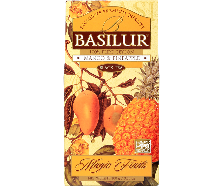 Basilur Mango & Pineapple - czarna herbata cejlońska z dodatkiem mango, ananasa, skórki pomarańczowej i bławatka. Ozdobne opakowanie z owocowym motywem.