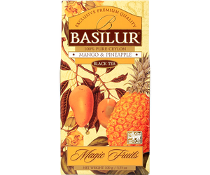 Basilur Mango & Pineapple - czarna herbata cejlońska z dodatkiem ananasa, mango, skórki pomarańczy, chabru oraz aromatu mango, ananasa i marakui. Żółte pudełko z botanicznym motywem.
