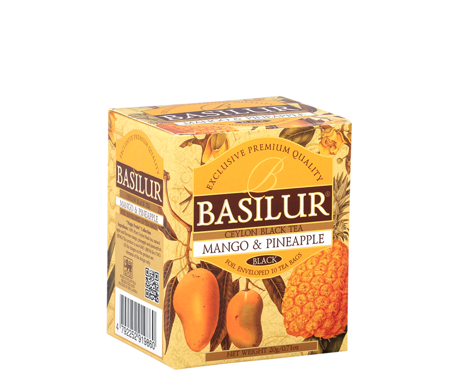 Basilur Mango & Pineapple - czarna herbata cejlońska z dodatkiem mango i ananasa. Ozdobne opakowanie z owocowym motywem.