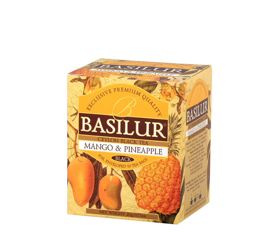 Basilur Mango & Pineapple - czarna herbata cejlońska z dodatkiem mango i ananasa. Ozdobne opakowanie z owocowym motywem.