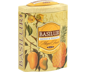 Basilur Mango & Pineapple - czarna herbata cejlońska z dodatkiem ananasa, mango, skórki pomarańczy, chabru oraz aromatu mango, ananasa i marakui. Ozdobna puszka z owocowym motywem.