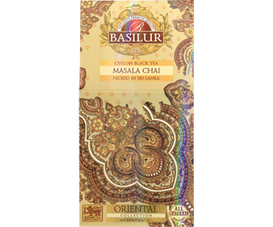 Basilur Masala Chai - czarna herbata cejlońska z dodatkiem kardamonu, goździków, cynamonu, imbiru, gałki muszkatołowej i pieprzu. Złote pudełko z orientalnym motywem.