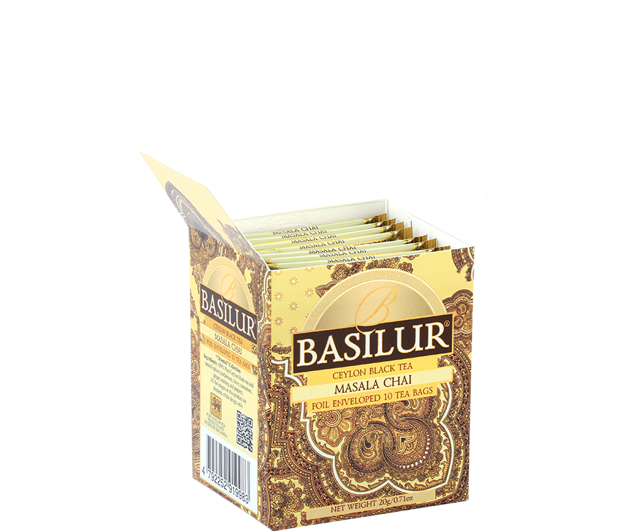 Basilur Masala Chai - czarna herbata cejlońska z dodatkiem przypraw w torebce. Ozdobne, złote pudełko z orientalnym motywem.