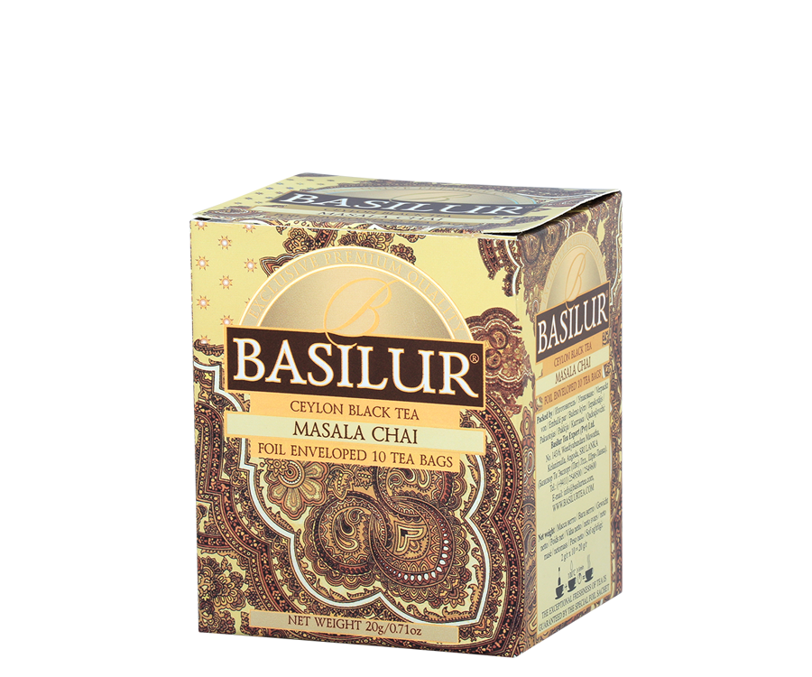 Basilur Masala Chai - czarna herbata cejlońska z dodatkiem przypraw w torebce. Ozdobne, złote pudełko z orientalnym motywem.