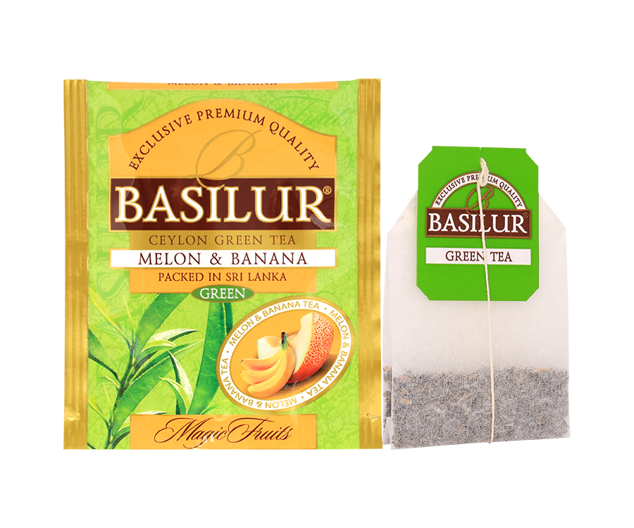 Basilur Melon & Banana - zielona herbata cejlońska z dodatkiem aromatu melona i banana. Ozdobne opakowanie z owocowo-roślinnym motywem.