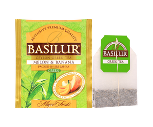 Basilur Melon & Banana - zielona herbata cejlońska z dodatkiem aromatu melona i banana. Ozdobne opakowanie z owocowo-roślinnym motywem.