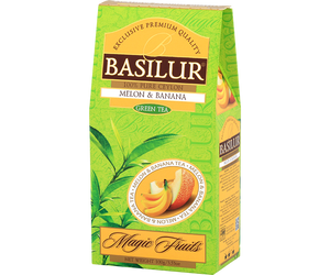 Basilur Melon & Banana - zielona herbata cejlońska z dodatkiem owoców mango, słonecznika oraz aromatu banana i melona. Zielone opakowanie z grafiką owoców.