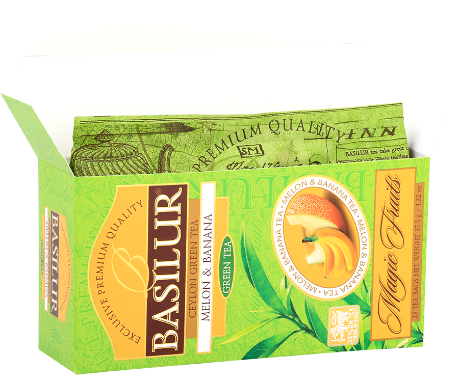 Basilur Melon Banana - zielona herbata cejlońska z aromatem melona i banana. 25 torebek w ozdobnym, zielonym pudełku z logo Basilur.