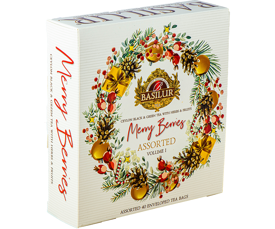Basilur Merry Berries Vol I - prezentowy zestaw herbat cejlońskich w eleganckim, papierowym ekspozytorze, ozdobiony świątecznym motywem. Ozdobne pudełko ze świątecznym motywem w kolorze białym.