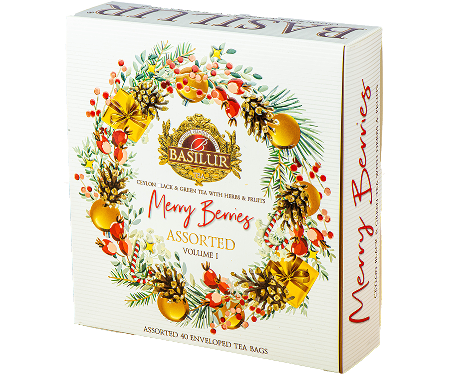 Basilur Merry Berries Vol I - prezentowy zestaw herbat cejlońskich w eleganckim, papierowym ekspozytorze, ozdobiony świątecznym motywem. Ozdobne pudełko ze świątecznym motywem w kolorze białym.