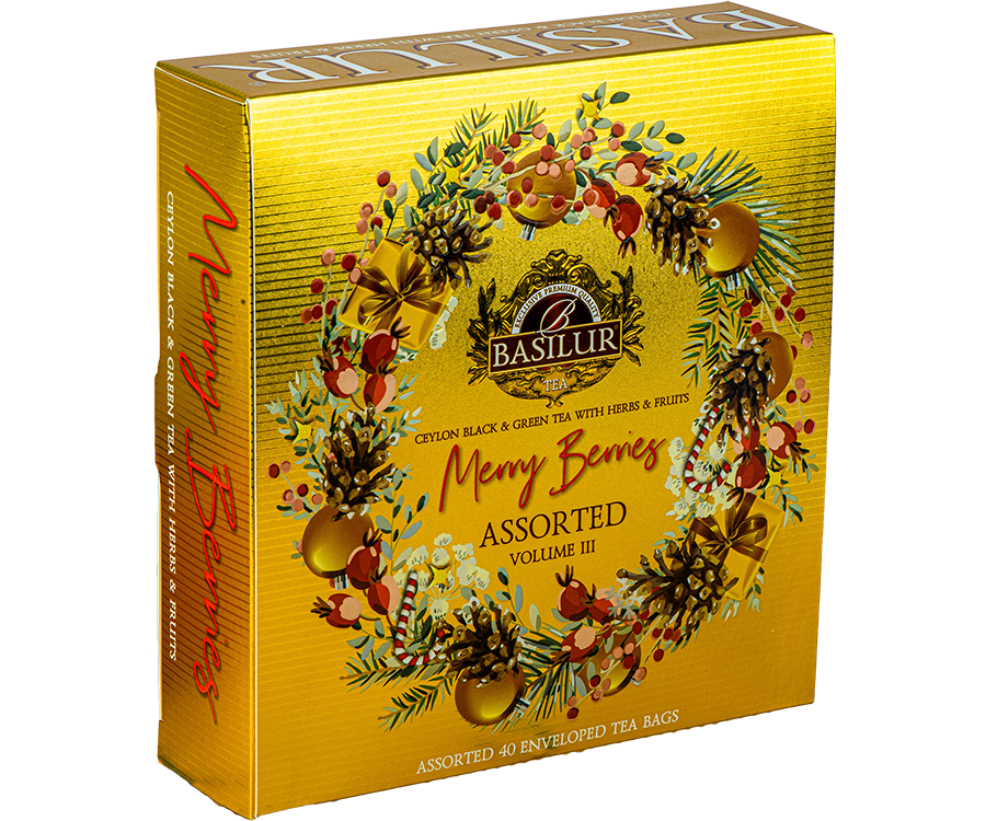 Basilur Merry Berries Vol III - prezentowy zestaw herbat cejlońskich w eleganckim, papierowym ekspozytorze, ozdobiony świątecznym motywem. Ozdobne pudełko ze świątecznym motywem w kolorze czerwonym.