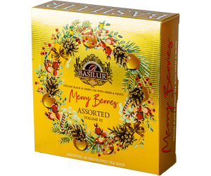 Basilur Merry Berries Vol III - prezentowy zestaw herbat cejlońskich w eleganckim, papierowym ekspozytorze, ozdobiony świątecznym motywem. Ozdobne pudełko ze świątecznym motywem w kolorze czerwonym.