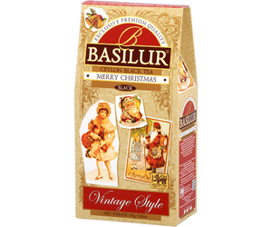 Basilur Merry Christmas - czarna herbata cejlońska z dodatkiem jabłka, krokoszu barwierskiego oraz aromatu imbiru i wanilii. Kremowe pudełko ze świątecznym motywem.