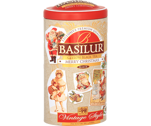 Basilur Merry Christmas - czarna herbata cejlońska z dodatkiem jabłka, krokoszu barwierskiego oraz aromatu imbiru i wanilii. Ozdobna puszka ze świątecznym motywem.
