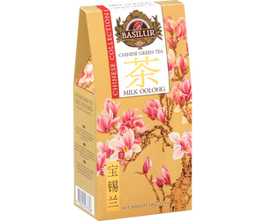 Basilur Milk Oolong - liściasta herbata zielona Milk Oolong z mlecznym aromatem. Kremowe pudełko z motywem magnolii.