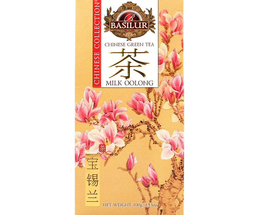 Basilur Milk Oolong - liściasta herbata zielona Milk Oolong z mlecznym aromatem. Kremowe pudełko z motywem magnolii.