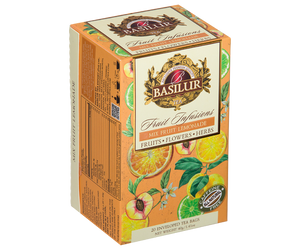 Basilur Mix Fruit Lemonade -  herbata bezkofeinowa z mango, ananasem i cytrusami zapakowana pojedynczo w ozdobne koperty. Ozdobne pudełko z owocowym motywem.