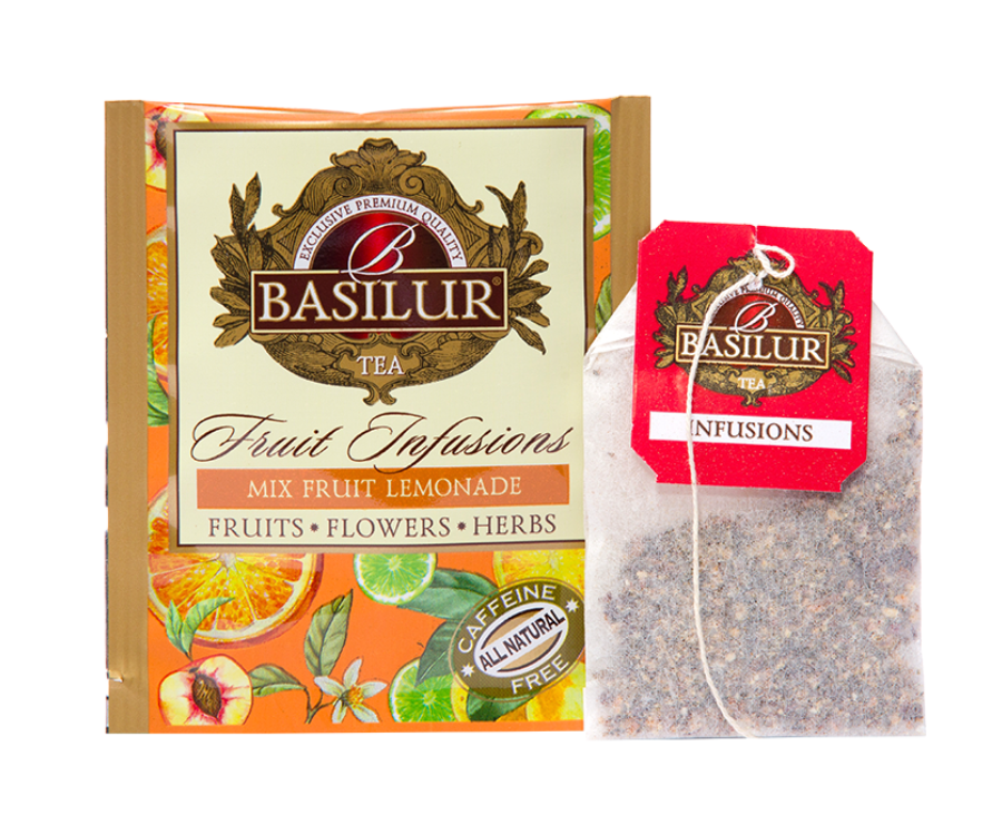 Basilur Mix Fruit Lemonade - herbata bezkofeinowa z mango, ananasem i cytrusami zapakowana pojedynczo w ozdobne koperty. Ozdobne pudełko z owocowym motywem.