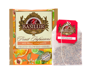 Basilur Mix Fruit Lemonade - herbata bezkofeinowa z mango, ananasem i cytrusami zapakowana pojedynczo w ozdobne koperty. Ozdobne pudełko z owocowym motywem.
