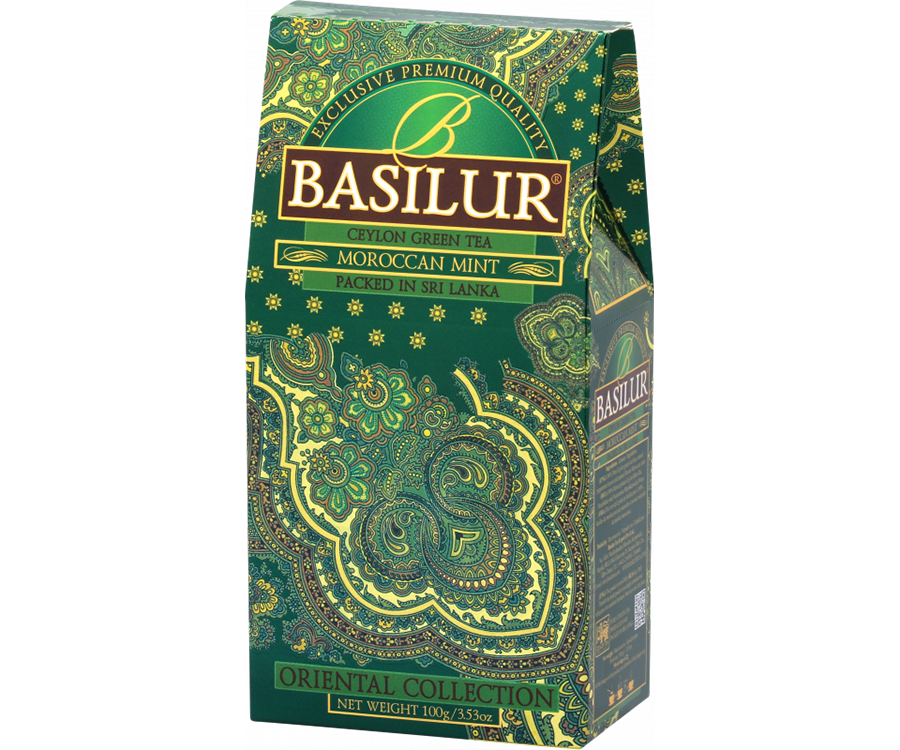 Basilur Moroccan Mint - zielona herbata cejlońska z dodatkiem mięty pieprzowej oraz naturalnym aromatem marokańskiej mięty. Zielone pudełko z orientalnym motywem.
