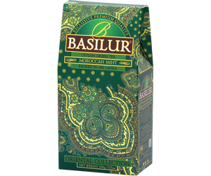 Basilur Moroccan Mint - zielona herbata cejlońska z dodatkiem mięty pieprzowej oraz naturalnym aromatem marokańskiej mięty. Zielone pudełko z orientalnym motywem.
