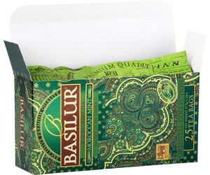Basilur Moroccan Mint - cejlońska herbata zielona z dodatkiem mięty pieprzowej i naturalnego aromatu marokańskiej mięty w ekspresowej formie. Ozdobne, zielone pudełko z orientalnym motywem.