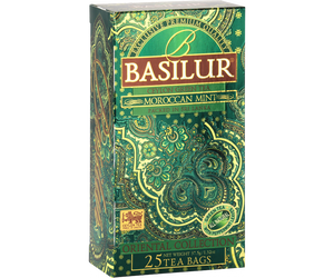 Basilur Moroccan Mint - cejlońska herbata zielona z dodatkiem mięty pieprzowej i naturalnego aromatu marokańskiej mięty w ekspresowej formie. Ozdobne, zielone pudełko z orientalnym motywem.