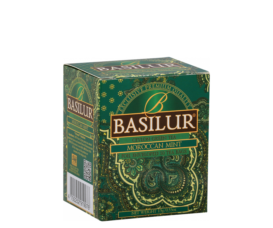 Basilur Moroccan Mint - torebka ekspresowa z cejlońską, zieloną herbatą z dodatkiem mięty pieprzowej i naturalnego aromatu marokańskiej mięty. Ozdobna, zielona koperta z orientalnym motywem.