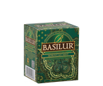 Basilur Moroccan Mint - torebka ekspresowa z cejlońską, zieloną herbatą z dodatkiem mięty pieprzowej i naturalnego aromatu marokańskiej mięty. Ozdobna, zielona koperta z orientalnym motywem.