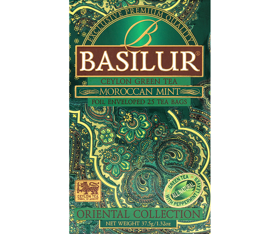 Basilur Moroccan Mint - torebka ekspresowa z cejlońską, zieloną herbatą z dodatkiem mięty pieprzowej i naturalnego aromatu marokańskiej mięty. Ozdobna, zielona koperta z orientalnym motywem. 