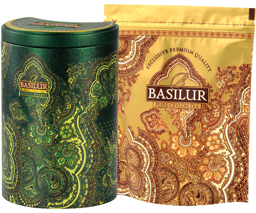 Basilur Moroccan Mint - zielona herbata cejlońska z dodatkiem mięty marokańskiej w puszce z orientalnym motywem.