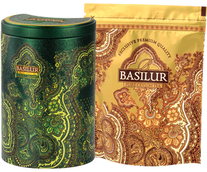 Basilur Moroccan Mint - zielona herbata cejlońska z dodatkiem mięty marokańskiej w puszce z orientalnym motywem.