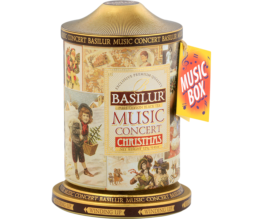 Basilur Music Concert Christmas - czarna herbata cejlońska z dodatkiem ananasa, imbiru, chabru, niebieskiej malwy oraz aromatu jabłka i pomarańczy. Puszka z świąteczną grafiką, która w rzeczywistości jest pozytywką wygrywającą melodie.