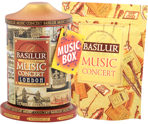 Basilur Music Concert London - czarna herbata cejlońska z dodatkiem czerwonego chabru, amarantusa oraz aromatu czekolady i bergamotki. Puszka z grafiką ukazującą Wielką Brytanię, która w rzeczywistości jest pozytywką wygrywającą melodię. 