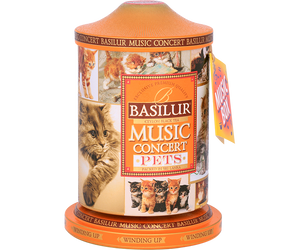 Basilur Music Concert Pets - czarna herbata cejlońska z dodatkiem mango, ananasa, truskawki, chabru oraz aromatem truskawki i śmietanki. Puszka z grafiką kotów, która w rzeczywistości jest pozytywką wygrywającą melodię.