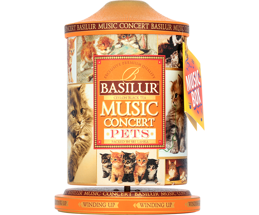 Basilur Music Concert Pets - czarna herbata cejlońska z dodatkiem mango, ananasa, truskawki, chabru oraz aromatem truskawki i śmietanki. Puszka z grafiką kotów, która w rzeczywistości jest pozytywką wygrywającą melodię.