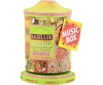 Basilur Music Concert Romantic - zielona herbata cejlońska z dodatkiem ananasa, płatków róży, chabru i nagietka oraz nutą kawy, wanilii i śmietanki. Ozdobna puszka, która w rzeczywistości jest pozytywką wygrywającą melodię.
